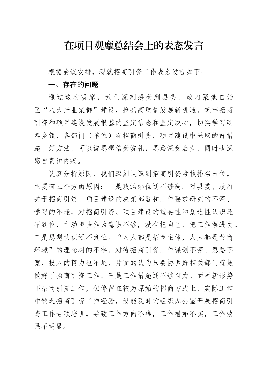 在项目观摩总结会上的表态发言 （7）_第1页