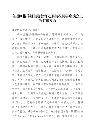 在巡回指导组主题教育进展情况调研座谈会上的汇报发言