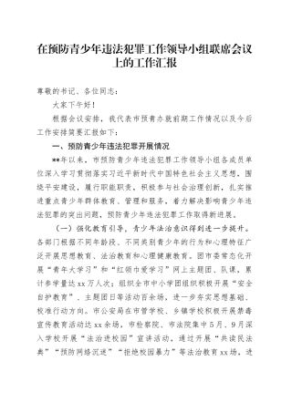 在预防青少年违法犯罪工作领导小组联席会议上的工作汇报