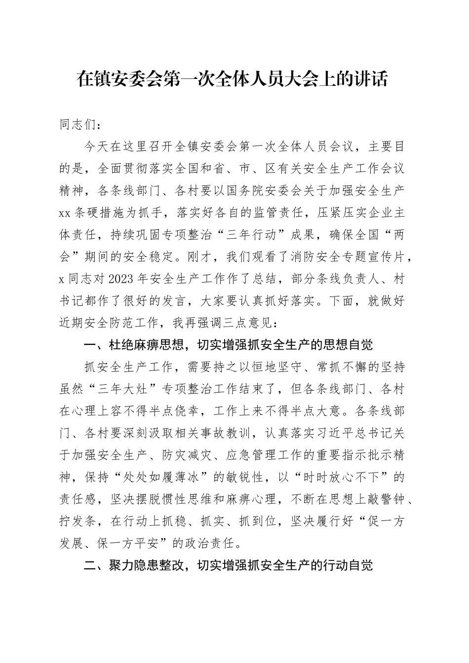 在镇安委会第一次全体人员大会上的讲话_第1页