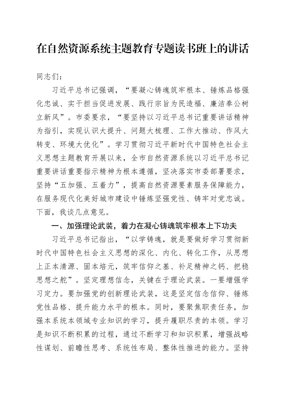 在自然资源系统主题教育专题读书班上的讲话_第1页