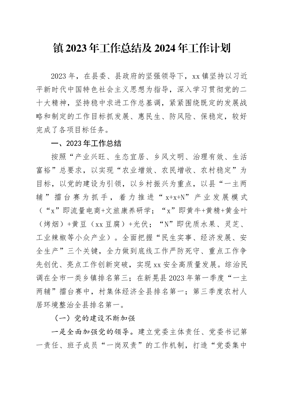 镇2023年工作总结及2024年工作计划（20231212）_第1页