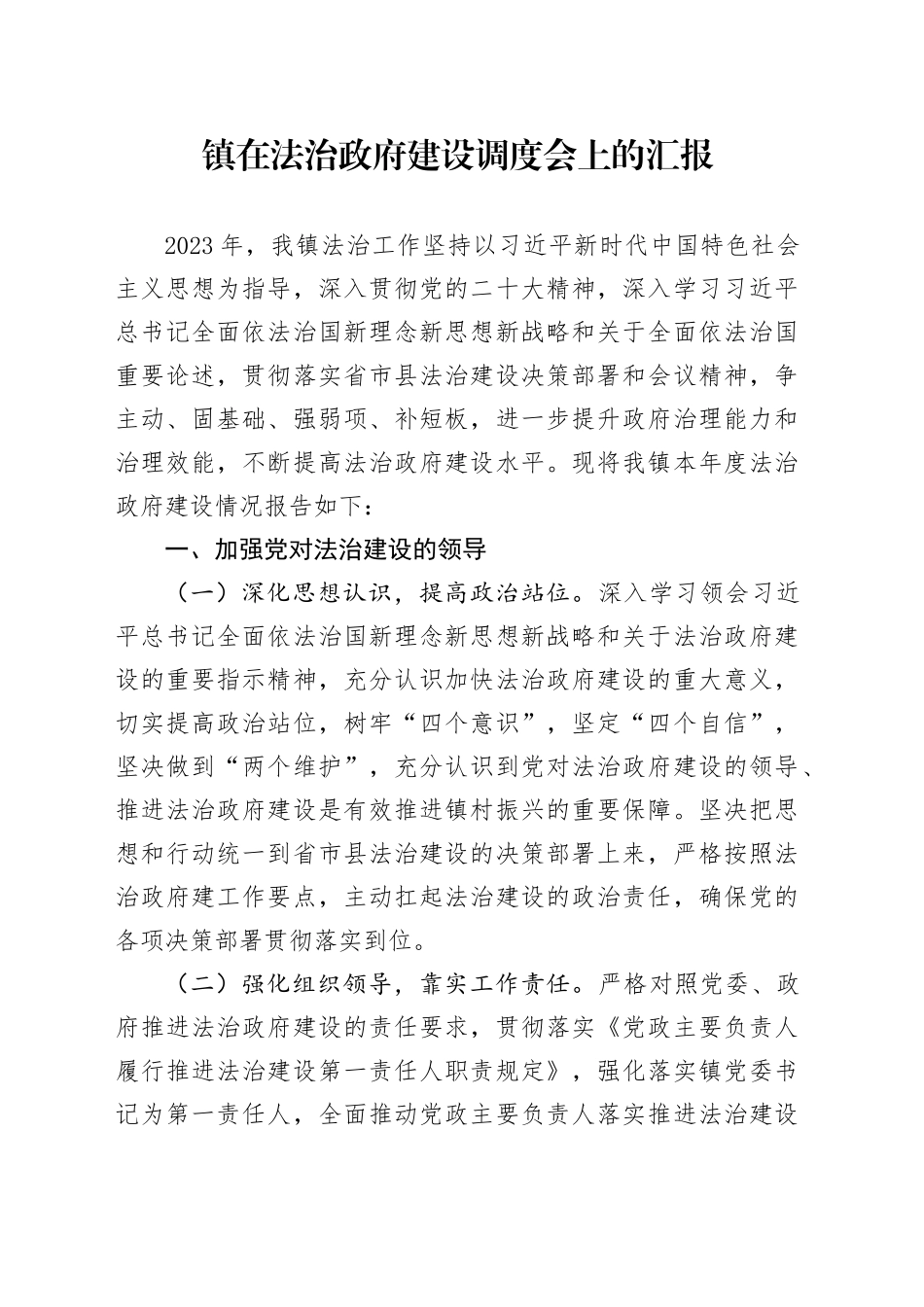 镇在法治政府建设调度会上的汇报_第1页