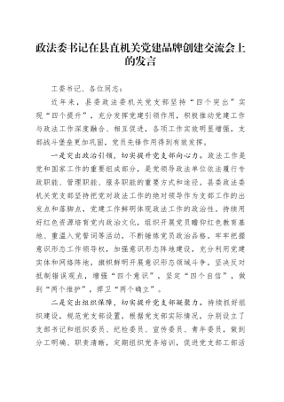 政法委书记在县直机关党建品牌创建交流会上的发言