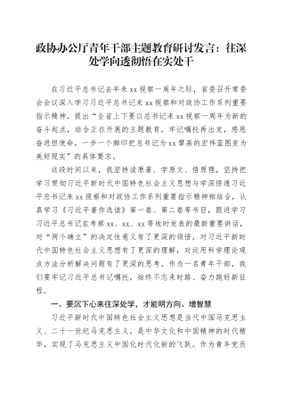 政协办公厅青年干部主题教育研讨发言：往深处学+向透彻悟+在实处干