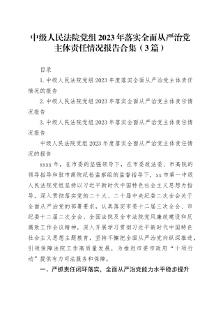 中级人民法院党组2023年落实全面从严治党主体责任情况报告合集（3篇）