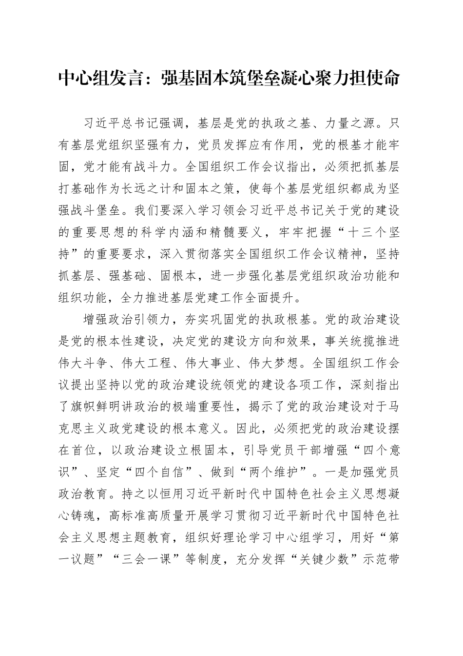 中心组发言：强基固本筑堡垒凝心聚力担使命_第1页
