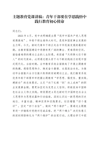 主题教育党课：青年干部要在学思践悟中践行教育初心使命