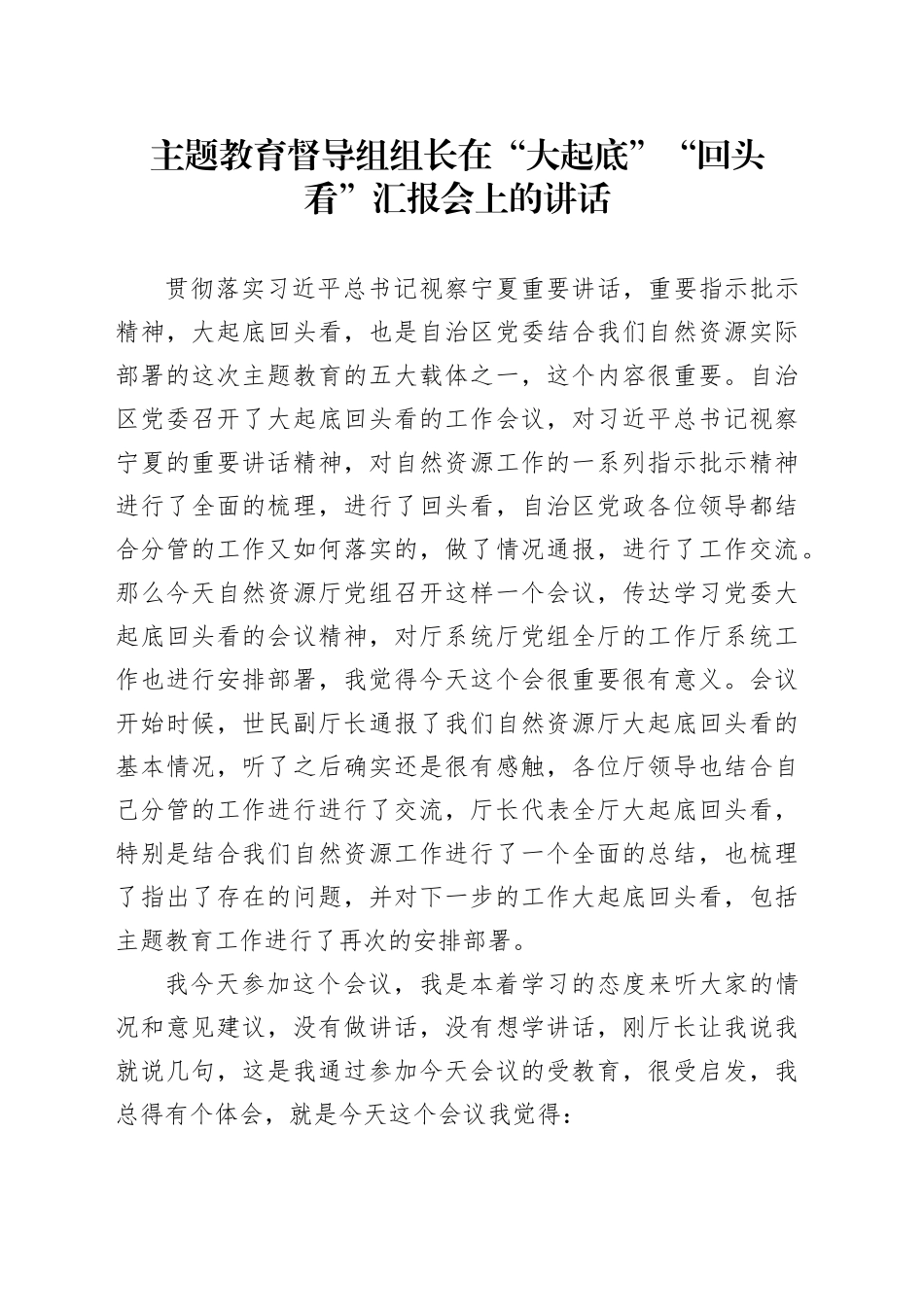 主题教育督导组组长在“大起底”“回头看”汇报会上的讲话_第1页