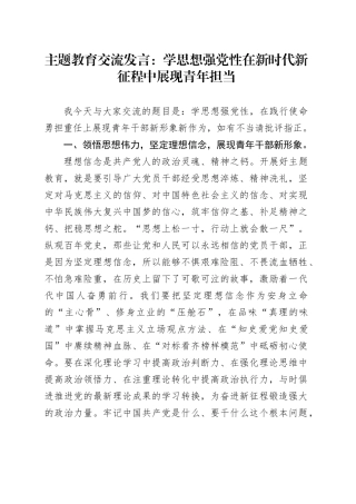 主题教育交流发言：学思想强党性 在新时代新征程中展现青年担当
