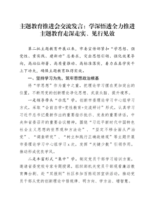 主题教育推进会交流发言：学深悟透全力推进主题教育走深走实、见行见效