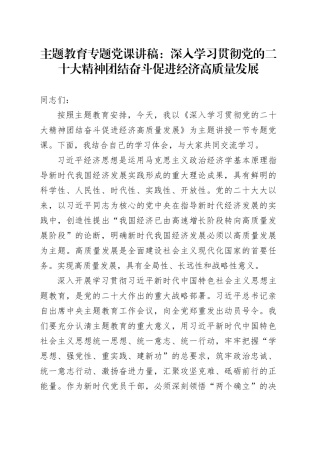 主题教育专题党课：深入学习贯彻党的二十大精神 团结奋斗 促进经济高质量发展