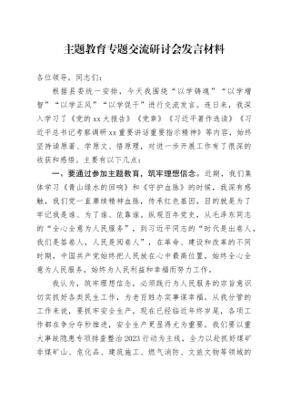 主题教育专题交流研讨会发言材料