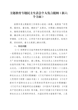 主题教育专题民主生活会个人发言提纲（新六个方面）