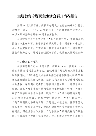 主题教育专题民主生活会召开情况报告（2）