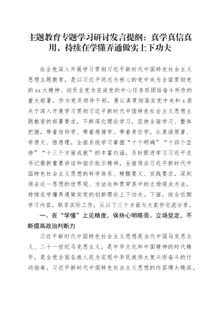 主题教育专题学习研讨发言提纲：真学真信真用，持续在学懂弄通做实上下功夫