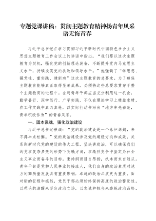 专题党课：贯彻主题教育精神 扬青年风采 谱无悔青春