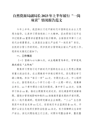 自然资源局副局长2023年上半年履行“一岗双责”情况报告范文