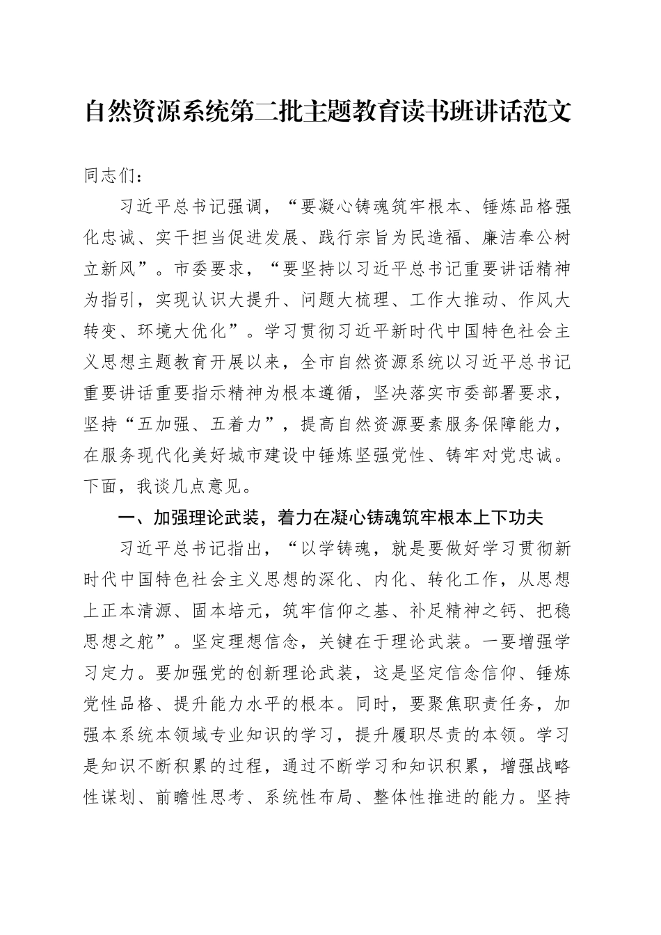 自然资源系统第二批主题教育读书班讲话局20231106_第1页