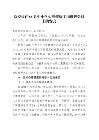 总校长在县中小学心理健康工作推进会议上的发言