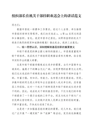 组织部长在机关干部挂职欢送会上的讲话20240124