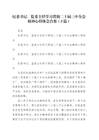 （3篇）纪委书记、监委主任学习贯彻二十届三中全会精神心得体会合集
