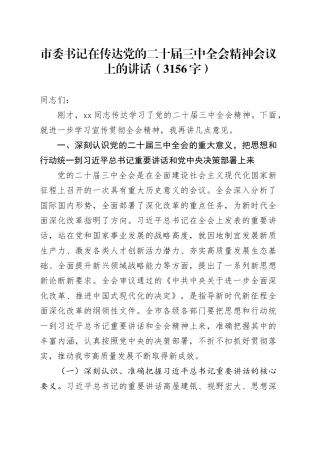 （传达讲话）市委书记在传达党的二十届三中全会精神会议上的讲话（3156字）