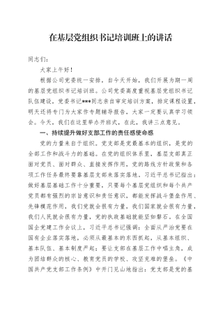 （借鉴）在基层党组织书记培训班上的讲话