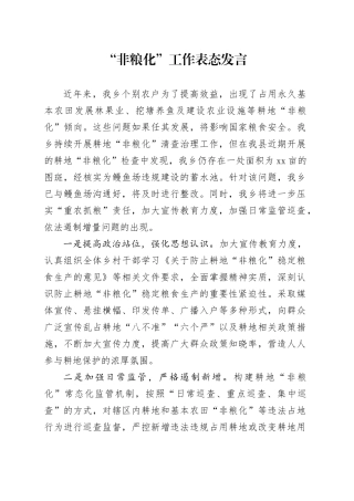 “非粮化”工作表态发言