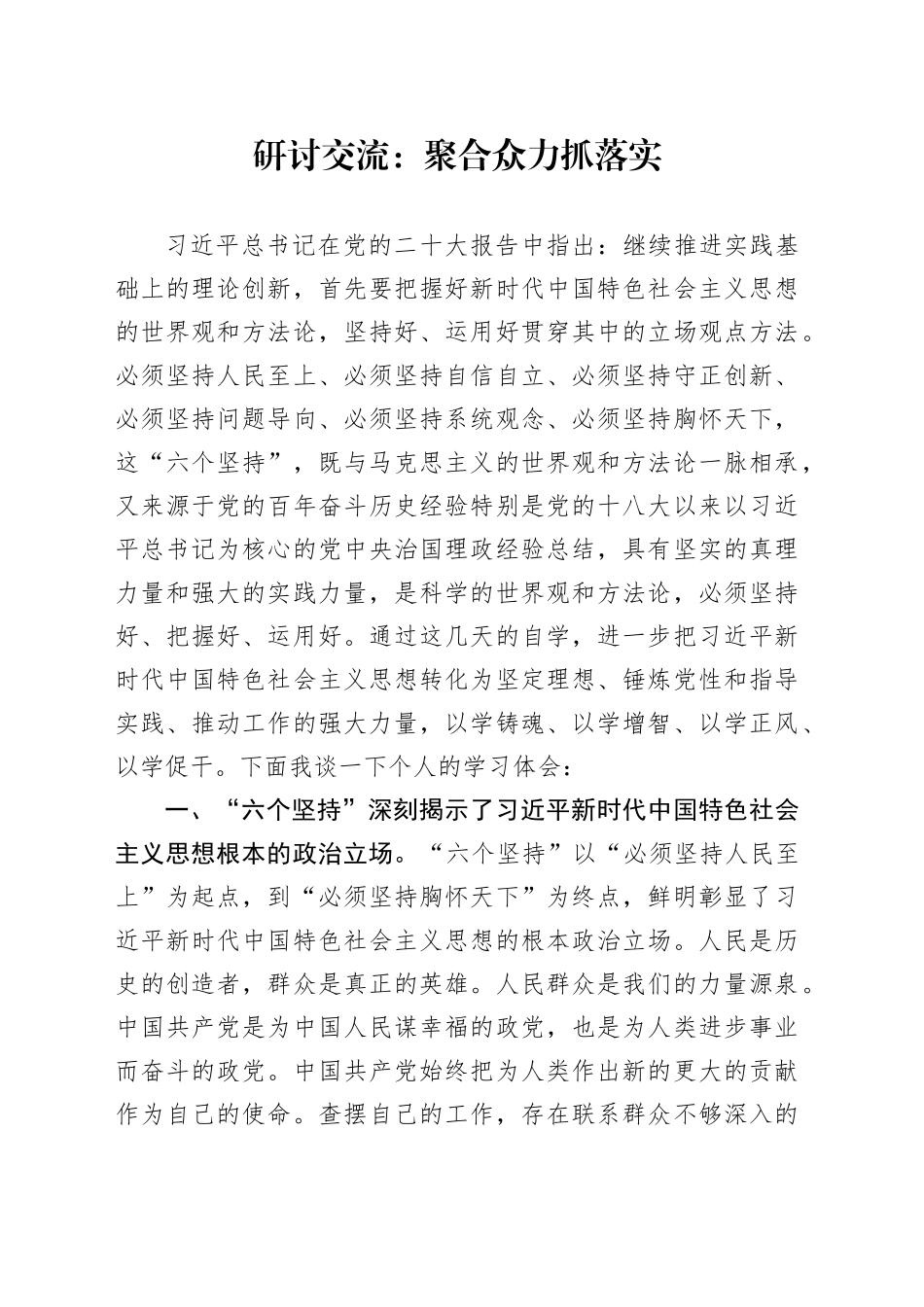 “六个坚持”研讨交流发言：聚合众力抓落实_第1页