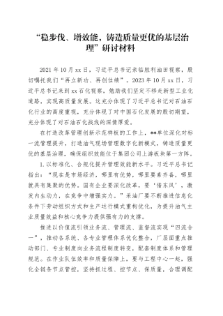 “稳步伐、增效能，铸造质量更优的基层治理”研讨材料