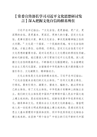 【常委宣传部长学习习近平文化思想研讨发言】深入把握文化自信的根基所在