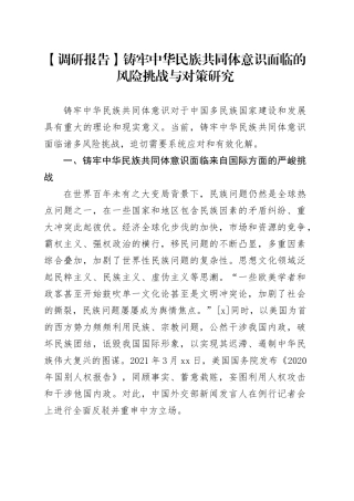 【调研报告】铸牢中华民族共同体意识面临的风险挑战与对策研究