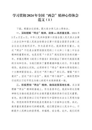 2篇2024年全国两会精神学习心得体会研讨发言材料20240320