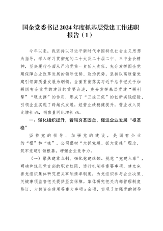 2篇国企党委书记2024年度抓基层党建工作述职报告公司20241016