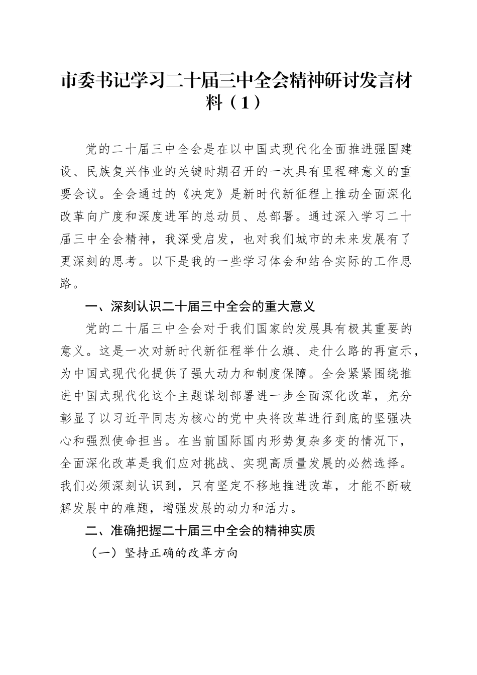 2篇市委书记学习二十届三中全会精神研讨发言材料心得体会20241030_第1页