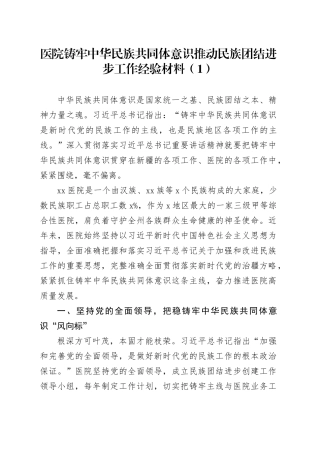 2篇医院铸牢民族共同体意识推动民族团结进步工作经验材料20241009