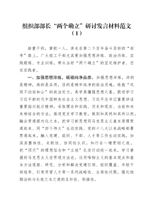 2篇组织部门部长两个确立研讨发言材料心得体会20240415