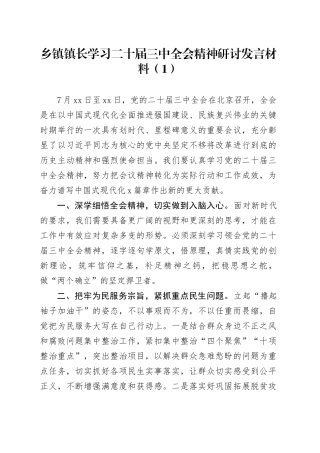 3篇乡镇街道镇长学习二十届三中全会精神研讨发言材料心得体会20240826