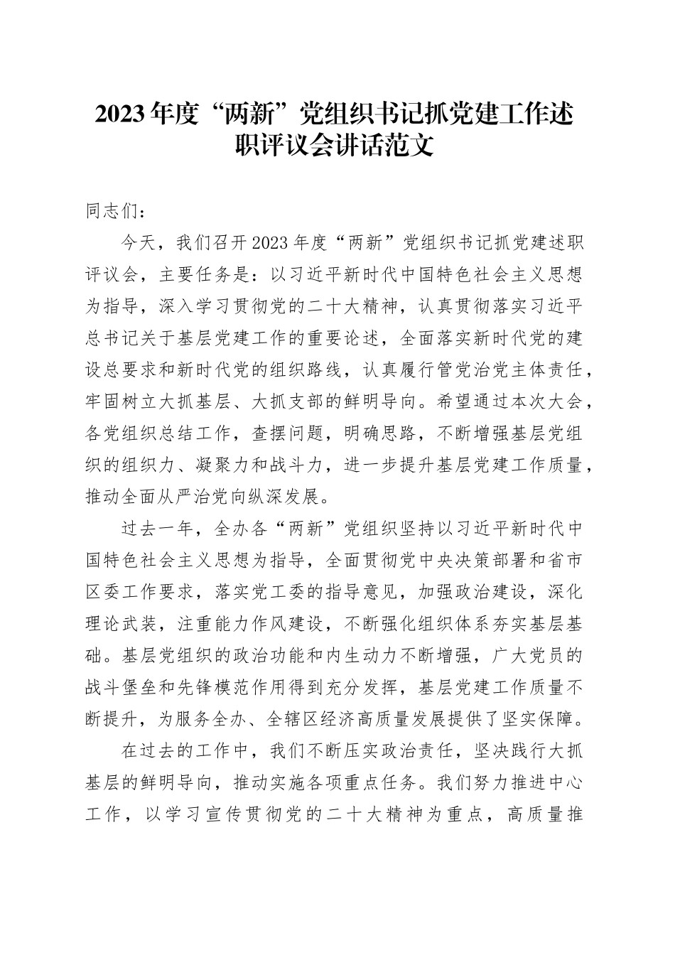2023年度“两新”党组织书记抓党建工作述职评议会讲话20240325_第1页