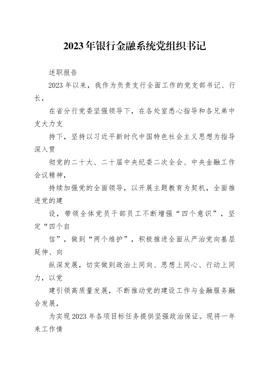 2023年度银行金融系统党组织书记述职报告_第1页