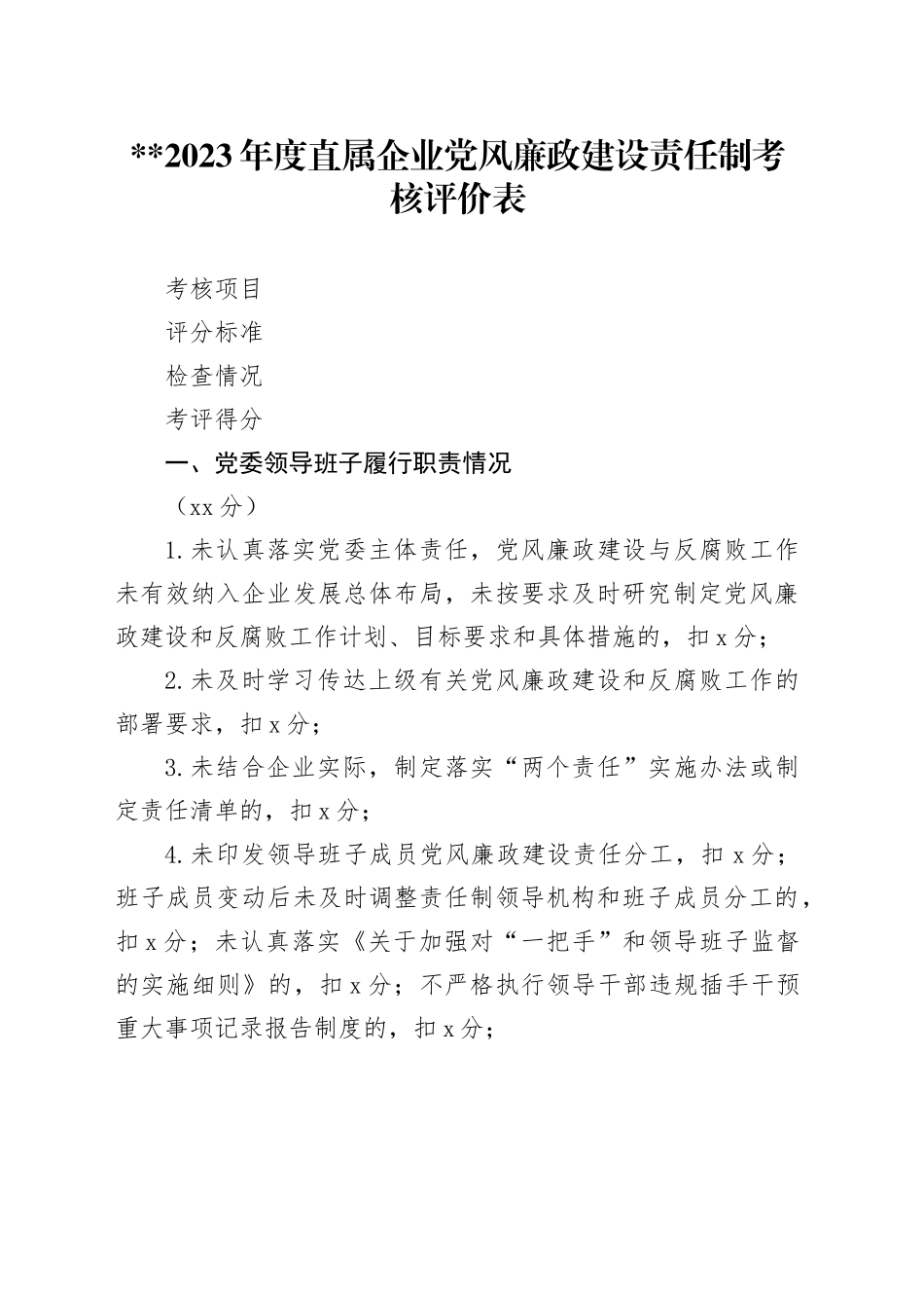 2023年度直属企业党风廉政建设责任制考核评价表_第1页