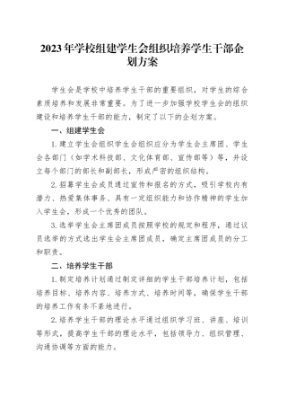 2023年学校组建学生会组织培养学生干部企划方案