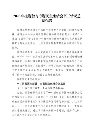 2023年主题教育专题民主生活会召开情况总结报告