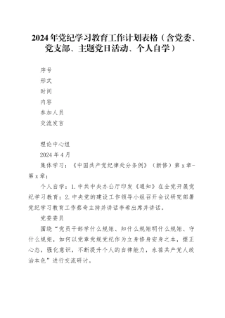 2024年党纪学习教育工作计划表格（含党委、党支部、主题党日活动、个人自学）20240422