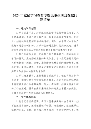 2024年党纪学习教育专题民主生活会查摆问题清单