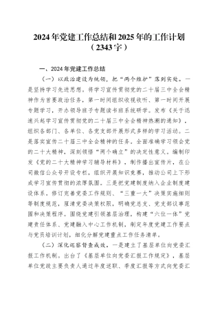 2024年党建工作总结和2025年的工作计划（2343字）20241030