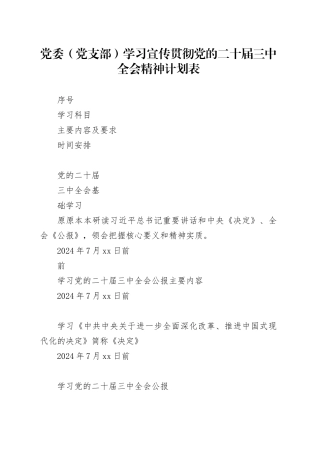 2024年党委（党支部）学习宣传贯彻党的二十届三中全会精神计划表(1)