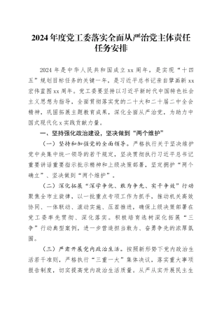 2024年度党工委落实全面从严治党主体责任任务安排