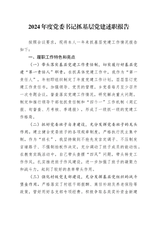 2024年度党委书记抓基层党建述职报告